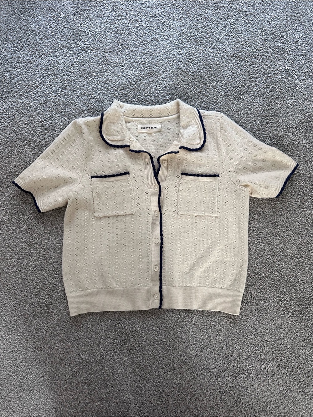 Lucky Brand Cream Short Sleeve Knit Cardigan with Navy Accents
